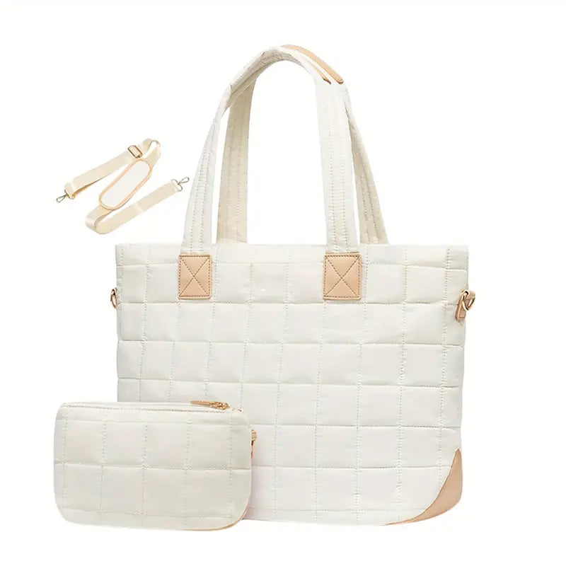 Women'S Shoulder Bags Zipper Closure Large Capacity Quilted Solid Tote Bag with Clutch 2pcs Set